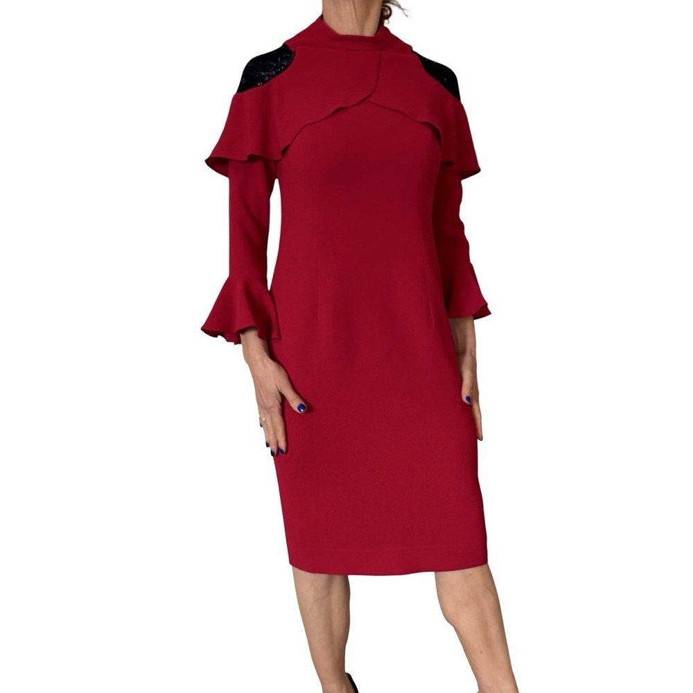 Rickie Freeman Teri Jon Red Sheath Dress‎ Lace Inset Shoulder Crepe Ruffle 4